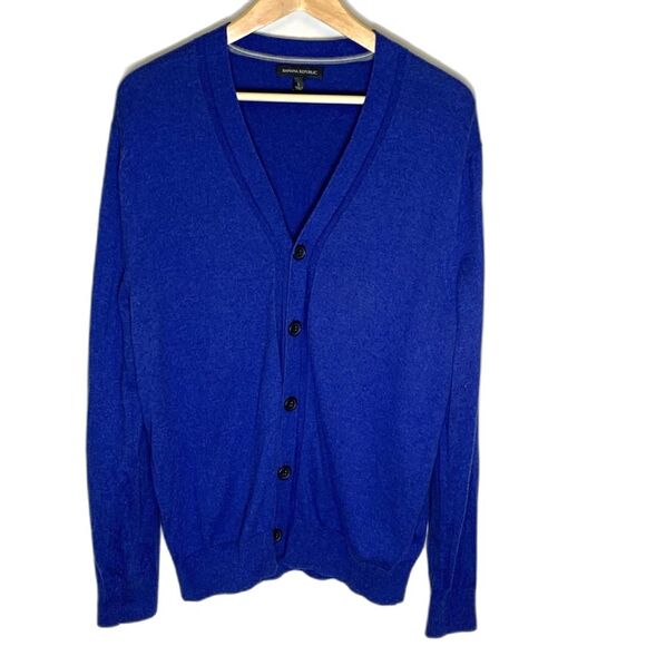 Banana Republic Bright Blue Silk Cotton Blend LS V-Neck Button Cardigan Size L - Picture 10 of 11